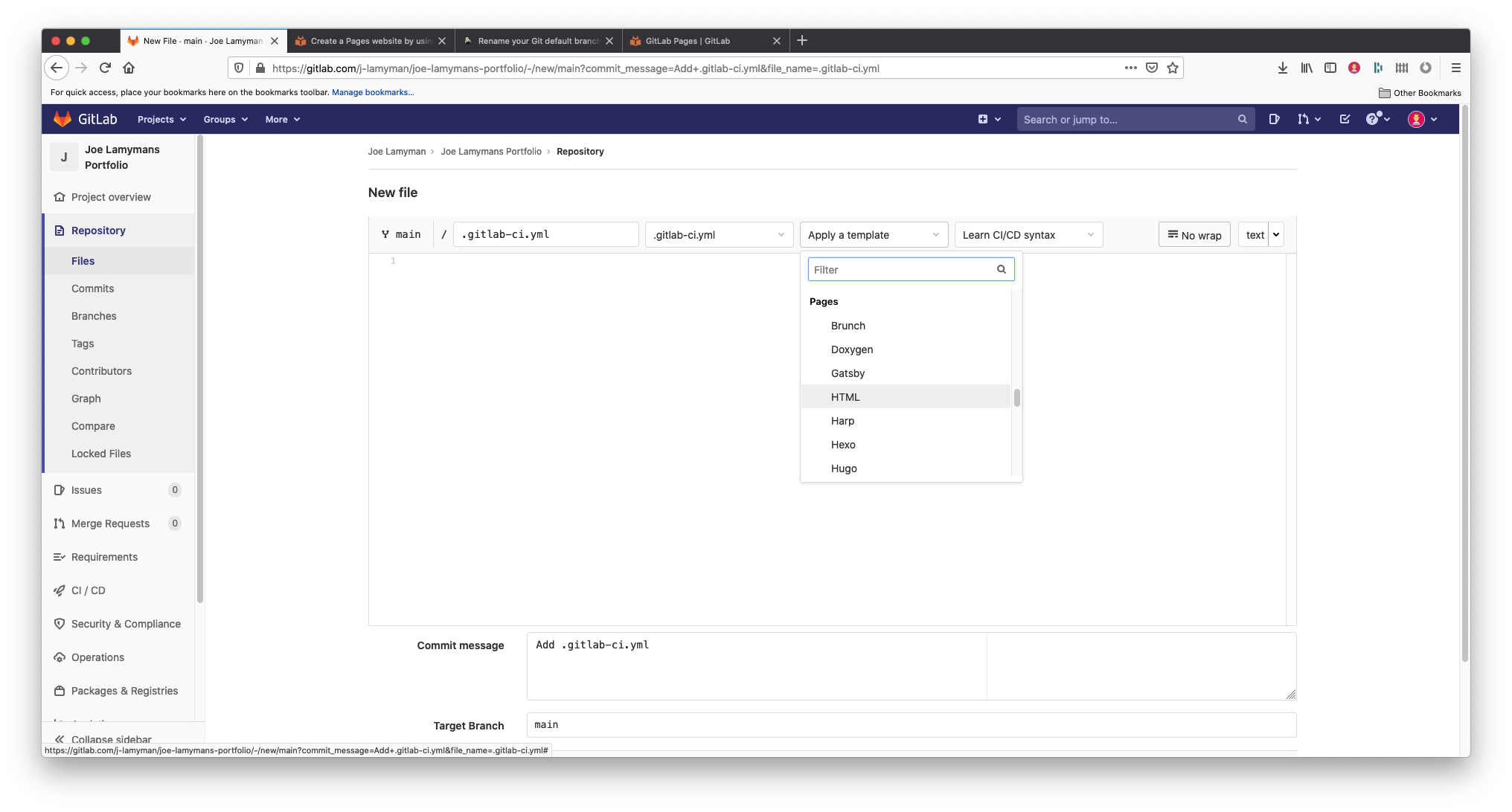 A screenshot of the Gitlab's 'New file' screen. The screen contains a series of dropdowns along the top for changing the branch, file type as well as providing the user an option to Apply a template. In this screenshot, I am on the main branch, the file is named .gitlab-ci.yml. This name was automatically generated. I have selected the 'Apply as template' button and am hovering over the option 'HTML' under the Pages subheading in the resulting dropwdown.