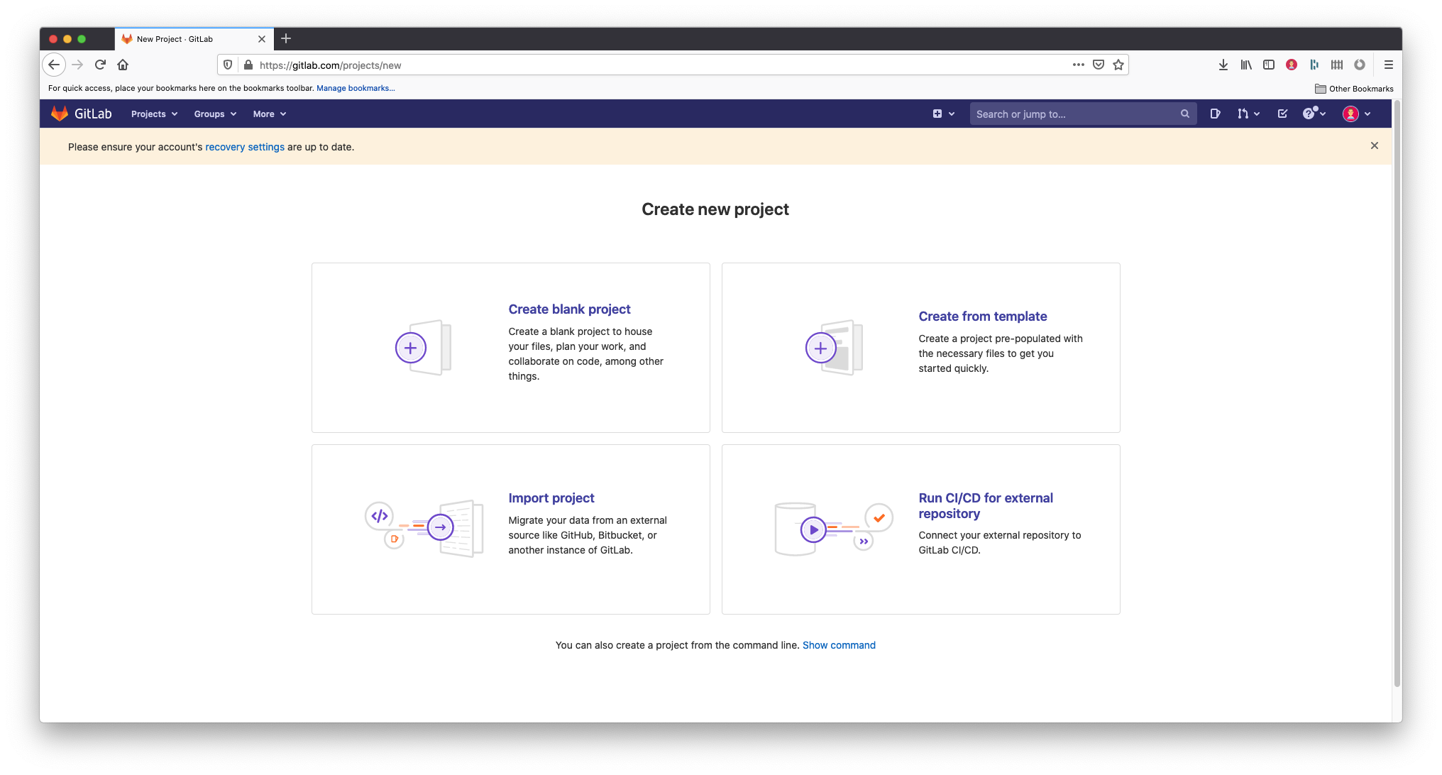 A screenshot of the Gitlab 'Create new project' screen. The screen contains 4 options: Create blank project, Create from template, Import Project and Run CI/CD for external repository. You will want to select the first option, Create blank project.
