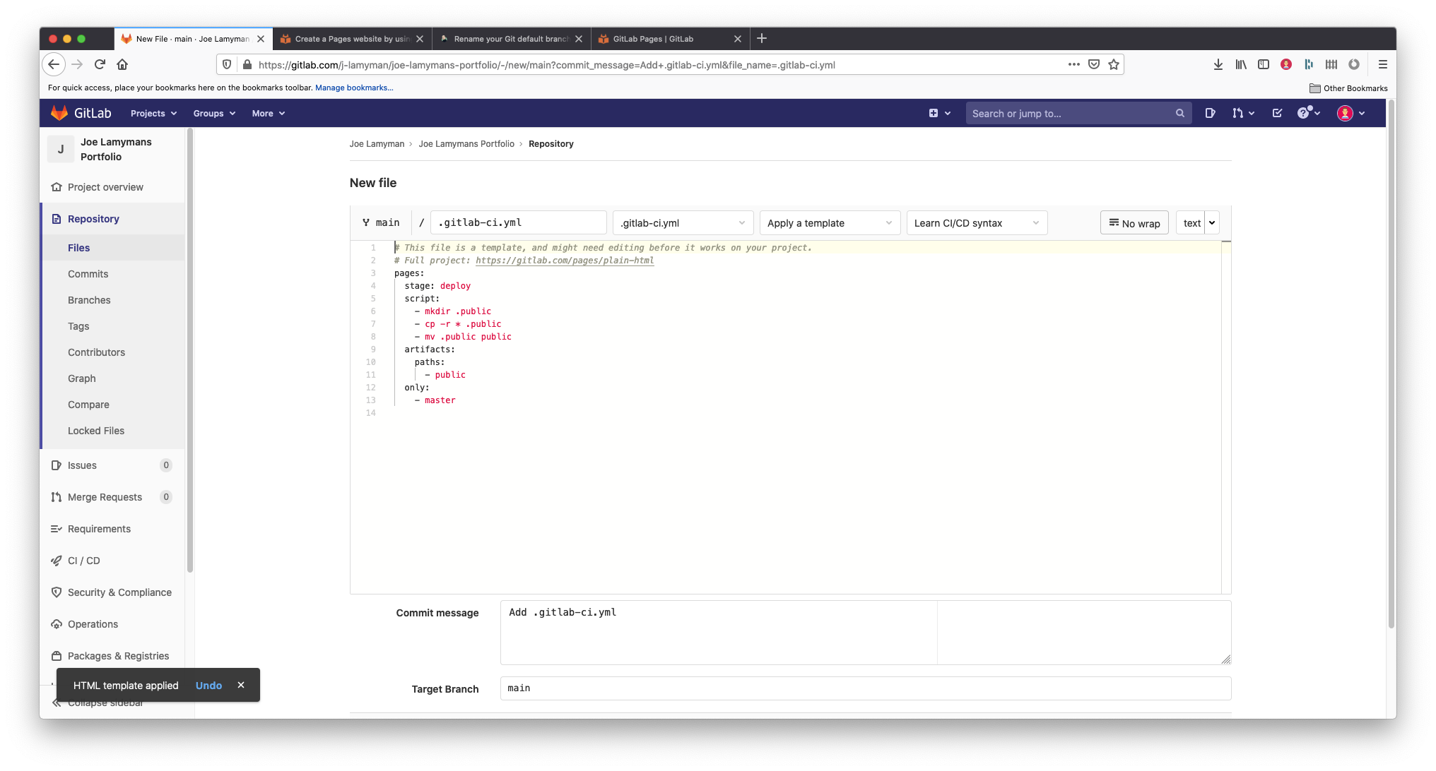 A screenshot of the Gitlab's 'New file' screen with the HTML template applied. The screen contains the same dropdowns along the top as in the previous screenshot. However, now that a HTML template was applied, there is YAML in the code editor on the page that has been automatically inserted. This YAML contains information like, stage: deploy, script: mkdir .public. At the bottom of the screenshot is a Commit message which is: 'Add .gitlab-ci.yml' and below that, the field target branch is set to main.