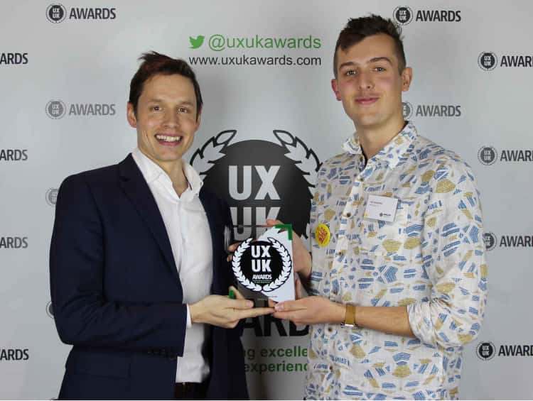 Myself and CTO of SkillsForge, Jonathan Carr, holding our UXUK Award for Best Effect on Business Goals.
