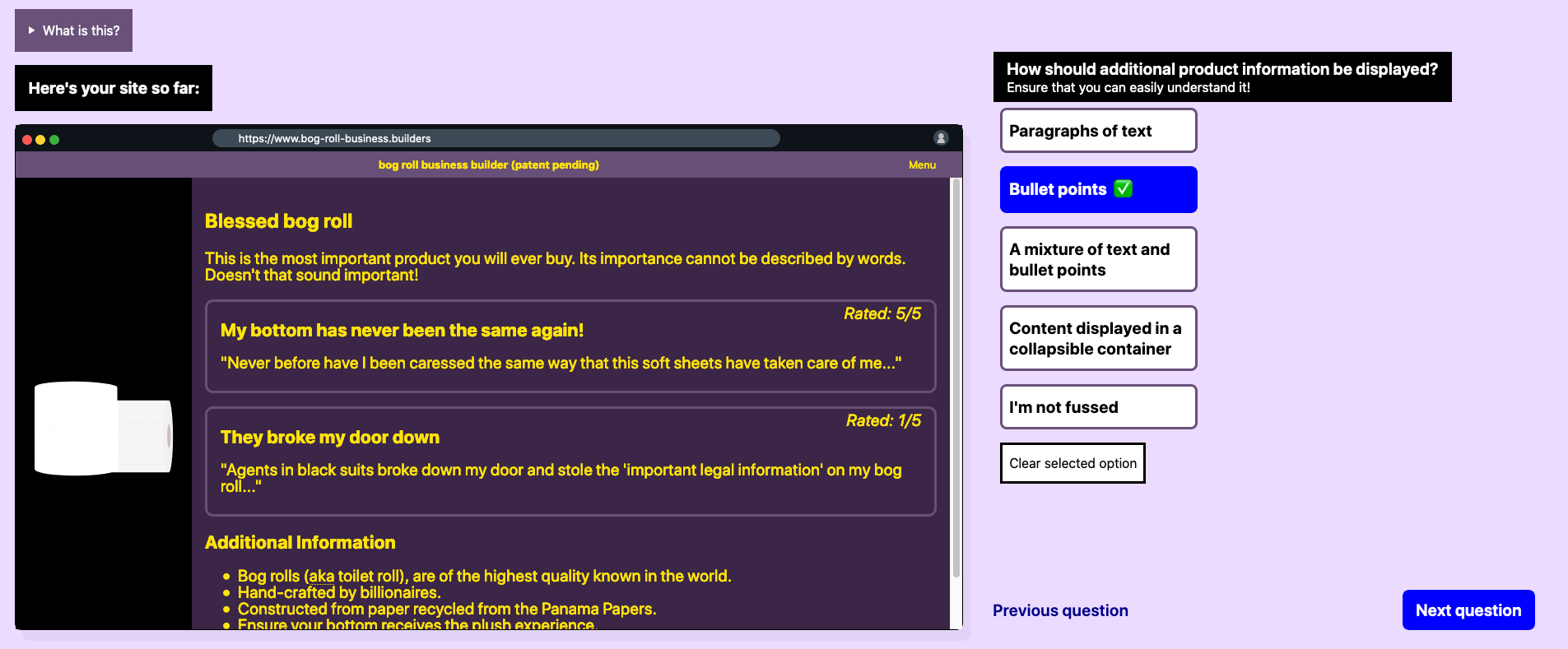 A screenshot of a user designing their bog roll business user interface. On the left of the screen, the ‘live’ site shows that the user has designed a high-contrast user interface with a focus on information being visually available.  On the right of the screen the user has answered that product information should be displayed via bullet points.