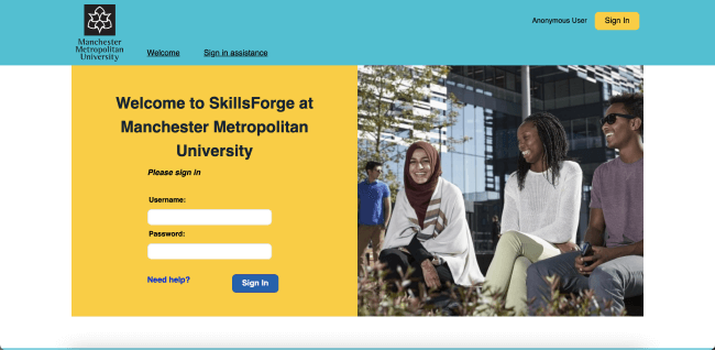 Manchester Metropoliton University's SkillsForge system with a bright blue header and a block yellow sign in panel, next to a large hero image, meeting MMU's colourful rebranding.