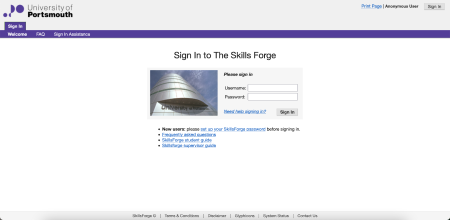 The existing SkillsForge design featuring a tab menu and browser default styled user interface components such as grey buttons with a grey border. This screenshot was taken of the University of Portsmouth's SkillsForge installation.