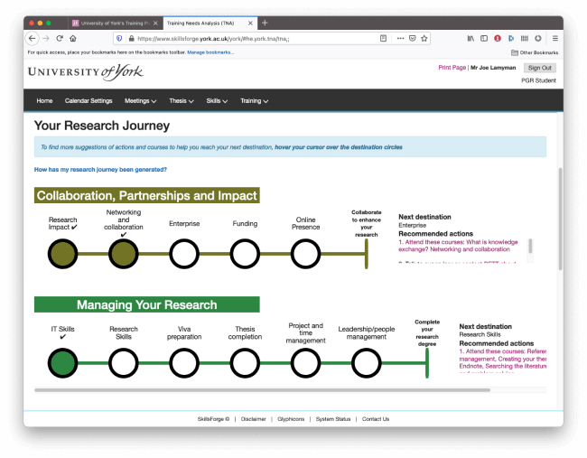 The final feature working in a browser. This screenshot shows the University of York's SkillsForge system, with their logo at the top of the page, navigation underneath and then the page content underneath. The page is titled 'Your Research Journey' and has an information banner underneath explaining that further information for each action can be found by navigtating to the stop. Below that message are two tube maps. The first is titled 'Collaboration, Partnerships and Impact' and features 5 stops. 2 of the stops are completed, featuring a checkmark. The next stop is 'Enterprise' and contains recommended actions at the end of the tube map. The tube map below is 'Managing Your Research' and only contains a single stop completed, there are 5 more stops that have not been completed.